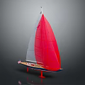 Sailboat Model With Red and Gray Sails Wooden Hull and Red Stand on Gray Background