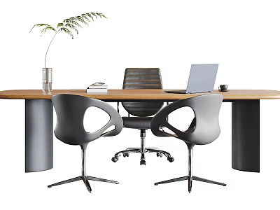 Modern Wooden Desk With Metal Legs Office Chairs Laptop Books And Green Plant 3d model