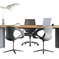 Modern Wooden Desk With Metal Legs Office Chairs Laptop Books And Green Plant