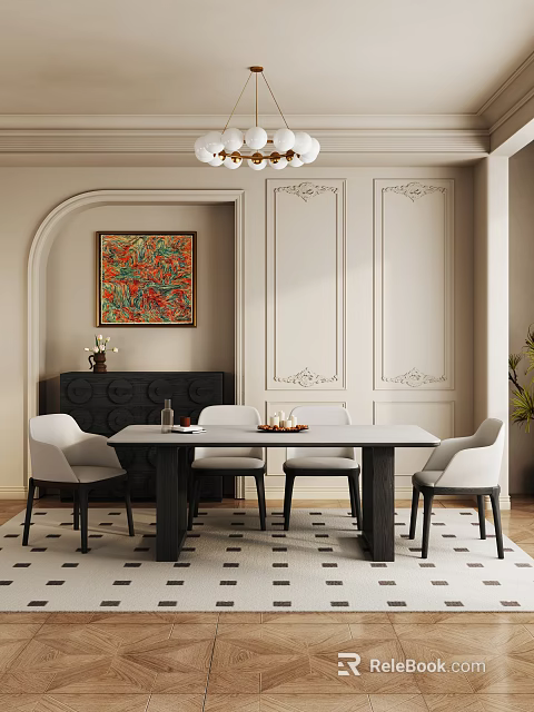 Classic Restaurant Interior With Long Dining Table White Chairs Black Sideboard Decorative Painting And Chandelier 3d model 