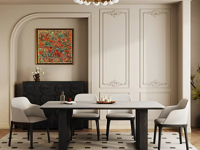 Classic Restaurant Interior With Long Dining Table White Chairs Black Sideboard Decorative Painting And Chandelier 3d model