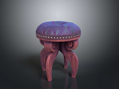Elegant Wooden Stool With Purple Padded Seat And Golden Rivets Design 3d model