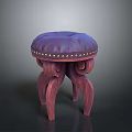 Elegant Wooden Stool With Purple Padded Seat And Golden Rivets Design