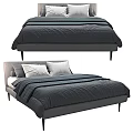 Modern Minimalist Gray Upholstered Double Bed With White Pillows And Black Legs