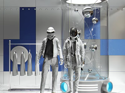 Fashion Models In Futuristic Space Themed Store With Metallic Outfits And Orb Decorations 3d model