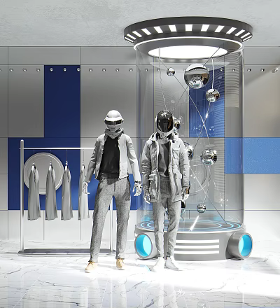 Fashion Models In Futuristic Space Themed Store With Metallic Outfits And Orb Decorations 3d model