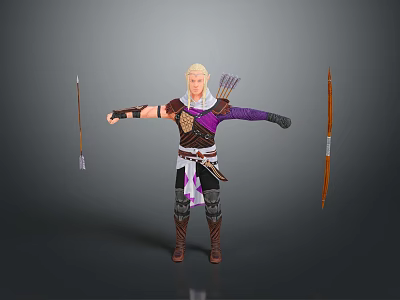Blonde Archer Character with Purple Sleeves Brown Armor Quiver Arrows Arms Outstretched 3D Design 3d model