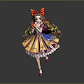 Elegant Game Movie Character With Long Curly Hair Large Red Bow Blue Yellow Dress Holding Apple