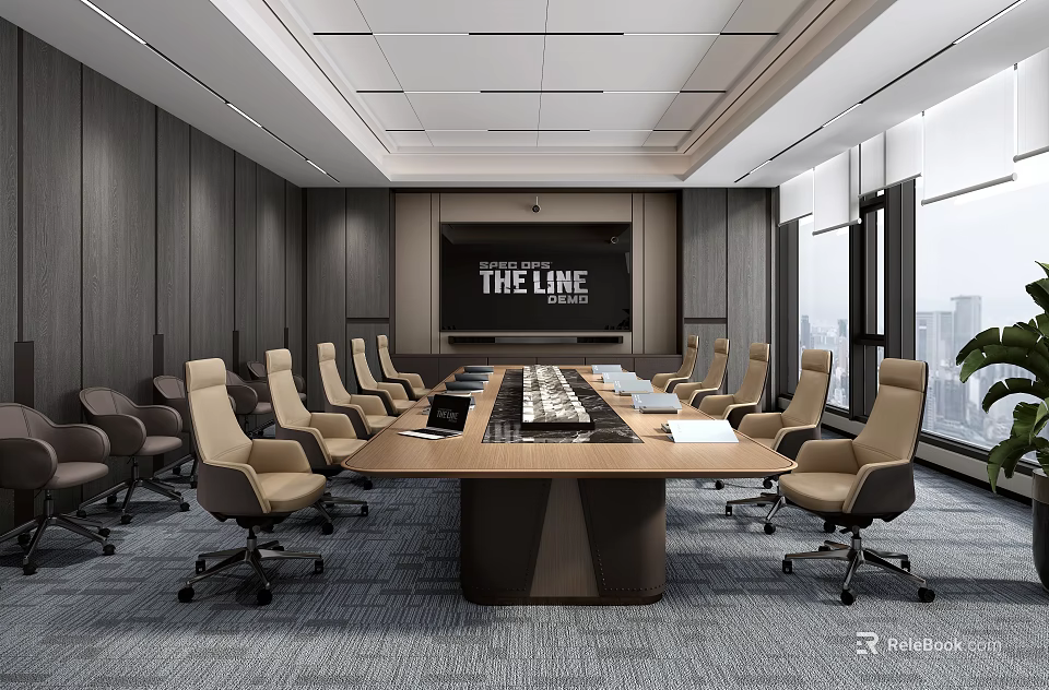 Modern Conference Room Featuring Long Wooden Table Ergonomic Chairs Large Screen And City View 3d model 