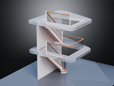 Modern Staircase Structure Design With Multiple Platforms And Wooden Railings 3d model