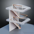 Modern Staircase Structure Design With Multiple Platforms And Wooden Railings 3d model