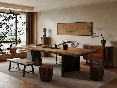Traditional Chinese Style Tea Table And Chairs With Wooden Stools Decorative Painting And Green Plants 3d model