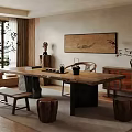 Traditional Chinese Style Tea Table And Chairs With Wooden Stools Decorative Painting And Green Plants