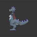 Blue Horned Dragon like Character in Decorative Attire Standing with Outstretched Limbs
