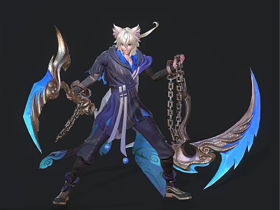 Mythical Horned Character In Flowing Dark Blue Robe Wielding Chained Blue Battle Axes 3d model