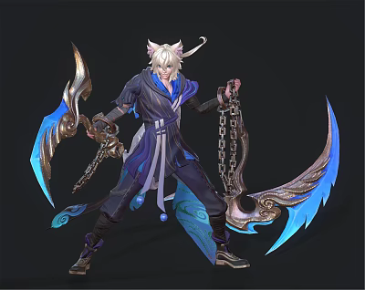 Mythical Horned Character In Flowing Dark Blue Robe Wielding Chained Blue Battle Axes 3d model