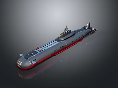 Military Submarine Weapon System With Gray Hull Red Bottom And Periscope 3d model