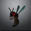 Detailed 3D Ant Model With Red Eyes And Green Wings On Dark Background