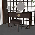 Elegant Wooden Dressing Table With Round Mirror Brown Stool And Open Book 3d model