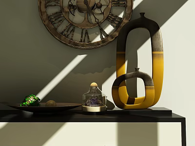 Decorative Ornament Combination With Vintage Clock Yellow Black Decor Small Bottle Green Ball On Tray 3d model