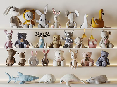 Cute Plush Stuffed Toys Collection on Shelf with Bunny Bear Shark Swan and More 3d model