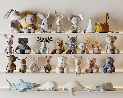 Cute Plush Stuffed Toys Collection on Shelf with Bunny Bear Shark Swan and More 3d model