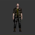 Man in Camouflage Jacket Green T-Shirt Jeans Brown Boots with Handgun Holster on Gray Background