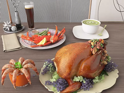 Assorted Food Platter Including Roast Turkey Crab Shrimp Soup Beer Vegetables And Fruits 3d model