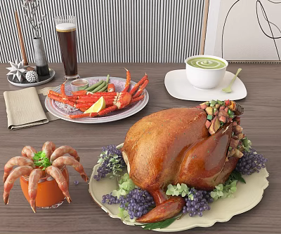 Assorted Food Platter Including Roast Turkey Crab Shrimp Soup Beer Vegetables And Fruits 3d model