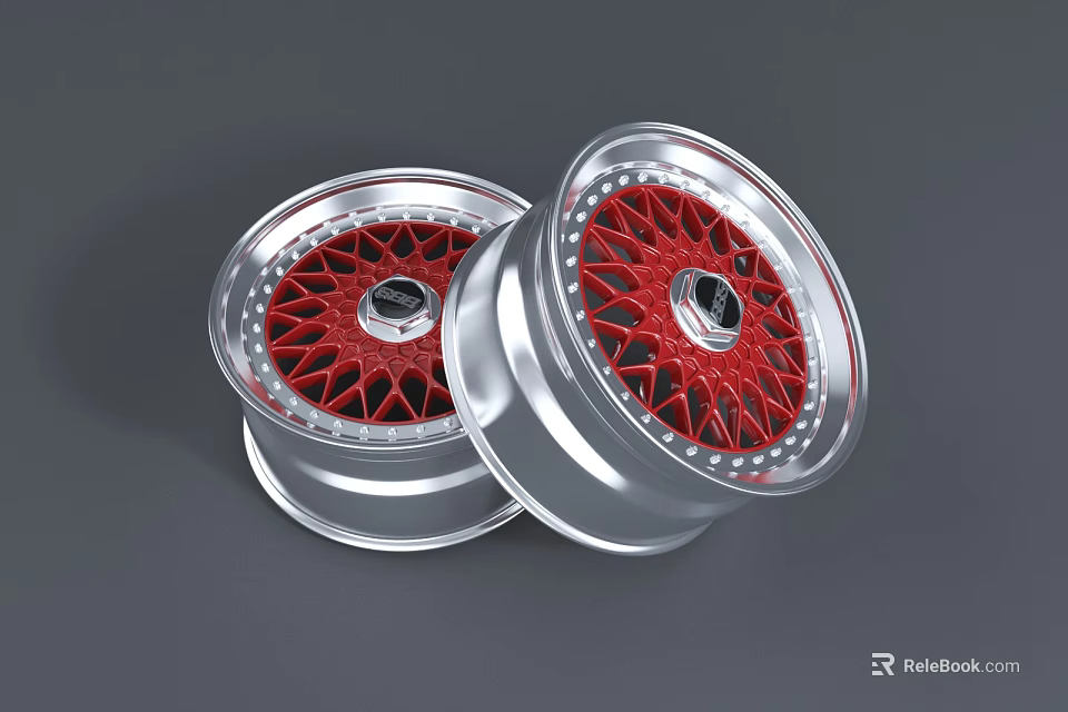 Pair of Silver Wheel Rims with Red Spokes and Black Center Modern Design 3d model 