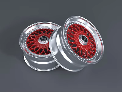 Pair of Silver Wheel Rims with Red Spokes and Black Center Modern Design 3d model