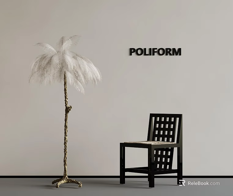 Poliform Modern Interior With Feather Floor Lamp Black Chair And Light Wall 3d model 