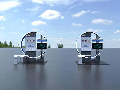 Circular Display Shelves with Digital Screens and White Platforms against Blue Sky and Green Landscape 3d model