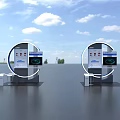 Circular Display Shelves with Digital Screens and White Platforms against Blue Sky and Green Landscape