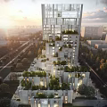 Modern High Rise Office Building With Glass Curtain Wall And Green Plants On Urban Street