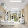 Modern Hospital Room Interior With Medical Beds Monitors Wooden Walls Large Windows And Green View