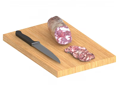 Wooden Cutting Board With Sharp Kitchen Knife And Fresh Sliced Uncut Sausage On Top 3d model