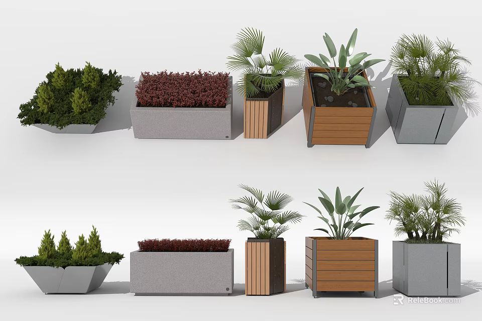 Modern Garden Decorative Planters In Concrete And Wooden With Green Plants And Shrubs 3d model 