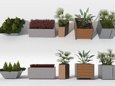 Modern Garden Decorative Planters In Concrete And Wooden With Green Plants And Shrubs 3d model