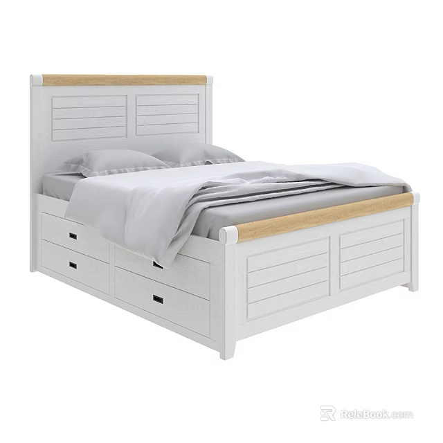 Modern White Double Bed With Wooden Headboard Storage Drawers Bedroom Furniture 3d model 