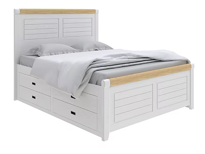 Modern White Double Bed With Wooden Headboard Storage Drawers Bedroom Furniture 3d model