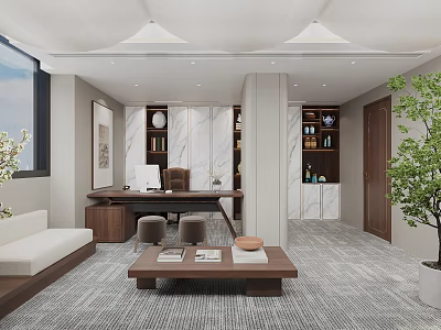 Modern Open Office Interior With Wooden Desk Sofa Bookshelf And Green Plant Near Floor-to-Ceiling Window 3d model