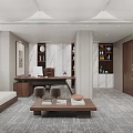 Modern Open Office Interior With Wooden Desk Sofa Bookshelf And Green Plant Near Floor-to-Ceiling Window