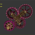 Three Brown And Yellow Rusty Interlocking Gears With Complex Structure
