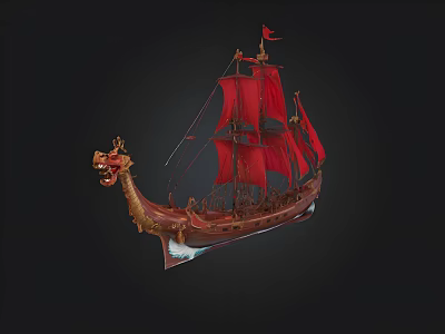 Decorative Dragon Head Ship Model With Red Sails And Wooden Structure 3d model