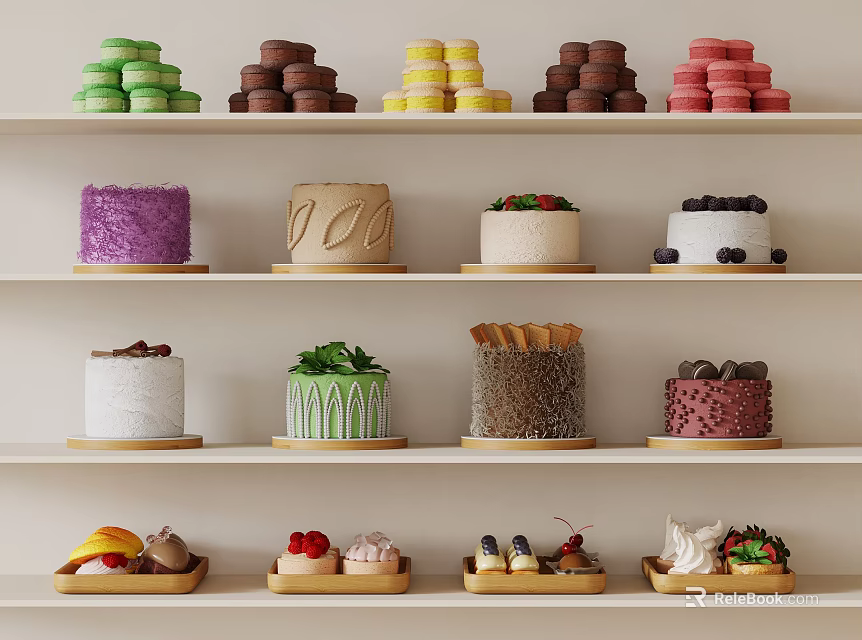 Assorted Colorful Desserts on White Shelves Including Macarons Cakes and Pastries 3d model 
