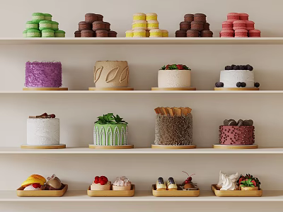 Assorted Colorful Desserts on White Shelves Including Macarons Cakes and Pastries 3d model