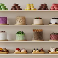 Assorted Colorful Desserts on White Shelves Including Macarons Cakes and Pastries