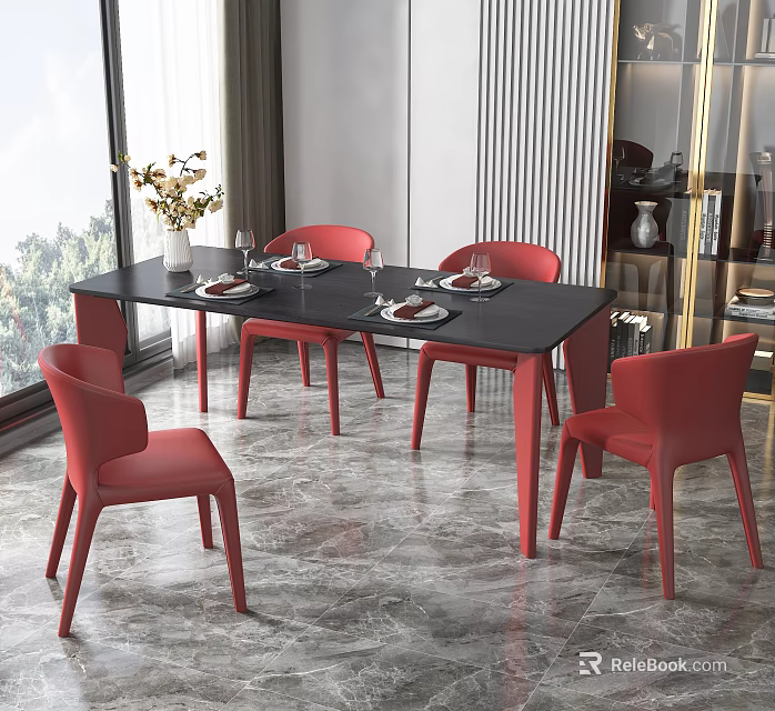 Modern Dining Table Set With Black Table Red Chairs Dinnerware And Flower Vase 3d model