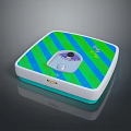 Square Device With Blue Green Striped Pattern And Circular Control Panel